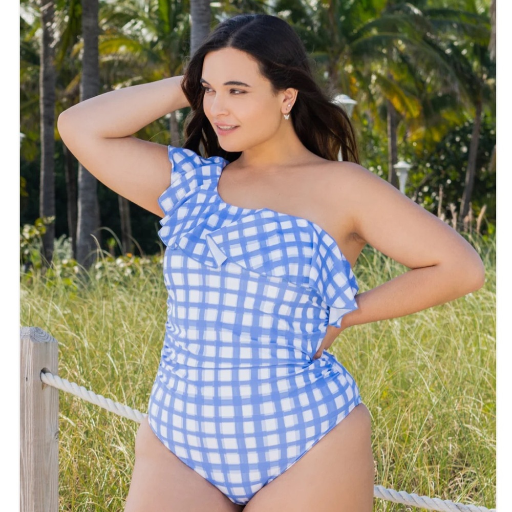 NEW LYSA Raya Blue White Checkered One Piece Swimsuit 2X